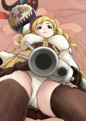 Rule 34 | 10s, 1girl, aiming, aiming at viewer, bad id, bad pixiv id, beret, blonde hair, blurry, breasts, brown thighhighs, charlotte (madoka magica), corset, depth of field, detached sleeves, drill hair, fingerless gloves, foreshortening, from below, gloves, gun, hair ornament, hairpin, hat, holding, holding gun, holding weapon, large breasts, looking down, magical girl, magical musket, mahou shoujo madoka magica, mahou shoujo madoka magica (anime), mami mogu mogu, mougira, panties, pantyshot, pleated skirt, revision, rifle, skirt, striped clothes, striped thighhighs, thighhighs, tomoe mami, tomoe mami (magical girl), twin drills, twintails, underwear, upskirt, vertical-striped clothes, vertical-striped thighhighs, weapon, white panties, yellow eyes