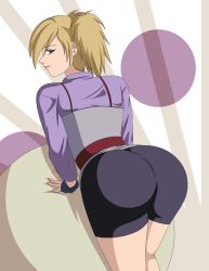 Rule 34 | 1girl, ass, bike shorts, black eyes, blonde hair, elmonais, fingerless gloves, from behind, gloves, hair over one eye, huge ass, leaning, leaning forward, looking at viewer, looking back, naruto, naruto (series), naruto shippuuden, shirt, smile, solo, temari (naruto), twintails