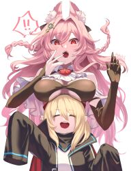 Rule 34 | !, 2girls, :d, animal ear fluff, animal ears, arknights, asymmetrical gloves, bare shoulders, black coat, black gloves, blonde hair, blush, braid, breast lift, breasts, closed eyes, coat, durin (arknights), elbow gloves, fangs, gasp, gloves, hair intakes, hair ornament, highres, large breasts, long hair, long sleeves, looking at viewer, memetaroh, mismatched gloves, multiple girls, open clothes, open coat, open mouth, pink hair, pointy ears, pozyomka (arknights), red eyes, simple background, sleeves past fingers, sleeves past wrists, smile, speech bubble, spoken exclamation mark, twin braids, underboob, very long hair, waving, white background, wolf ears