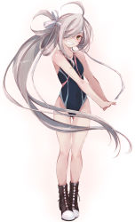 Rule 34 | 1girl, ahoge, alternate costume, asashimo (kancolle), bare arms, bare shoulders, boots, commentary request, competition swimsuit, cross-laced footwear, floating hair, full body, grey eyes, grin, groin, hair over one eye, headband, highleg, highleg swimsuit, kantai collection, lace-up boots, long hair, looking at viewer, no legwear, one-piece swimsuit, ponytail, sharp teeth, silver hair, smile, solo, swimsuit, teeth, thighs, very long hair, white headband, yumesato makura