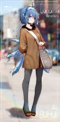 Rule 34 | 1girl, absurdres, ahoge, bag, black pantyhose, blue eyes, blue hair, blurry, blurry background, breasts, bright pupils, casual, cirno, coat, contemporary, depth of field, earrings, full body, glint, hairband, highres, hoop earrings, ice, ice wings, jewelry, kiyomasa ren, outdoors, pantyhose, short hair, shoulder bag, small breasts, solo, standing, touhou, white pupils, wings