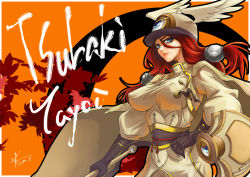 Rule 34 | 1girl, arc system works, blazblue, blazblue: continuum shift, blue eyes, breasts, cape, character name, covered erect nipples, female focus, gloves, hat, impossible clothes, impossible shirt, large breasts, long hair, red hair, sennoyume, shield, shirt, solo, tsubaki yayoi, uniform, wings