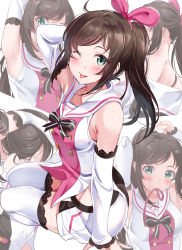 Rule 34 | 1girl, ;p, ahoge, arm behind head, arm up, armpits, barefoot, black ribbon, blush, breasts, brown hair, commentary request, detached sleeves, from side, green eyes, hair ribbon, hairdressing, highres, kizuna ai, kizuna ai inc., long hair, long sleeves, looking at viewer, looking to the side, mouth hold, multicolored hair, multiple views, one eye closed, pink hair, pink ribbon, ponytail, ribbon, sailor collar, shorts, sidelocks, simple background, sitting, small breasts, streaked hair, thighhighs, tipii, tongue, tongue out, virtual youtuber, white background, white sailor collar, white shorts, white thighhighs