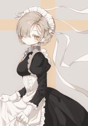 Rule 34 | 1girl, apron, azur lane, black dress, braid, closed mouth, dress, gloves, hair over one eye, hair ribbon, highres, juliet sleeves, long sleeves, looking at viewer, maid headdress, narue, one eye covered, puffy sleeves, ribbon, sheffield (azur lane), solo, white apron, white gloves, white ribbon, yellow eyes