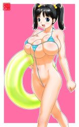 Rule 34 | 1girl, bikini, black hair, breasts, cameltoe, cleft of venus, extra breasts, g-string, innertube, large breasts, machino henmaru, navel, slingshot swimsuit, solo, swim ring, swimsuit, thong, three breasts, twintails, wedgie, what