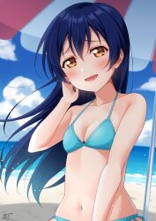 Rule 34 | 1girl, absurdres, beach, beach umbrella, blue hair, blue sky, blush, breasts, cleavage, cloud, collarbone, day, hair between eyes, haruharo (haruharo 7315), highres, long hair, looking at viewer, love live!, love live! school idol project, navel, ocean, open mouth, outdoors, sand, signature, sky, small breasts, smile, solo, sonoda umi, stomach, umbrella, yellow eyes