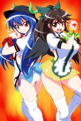 Rule 34 | 2girls, ass, black hair, blue hair, bodysuit, boots, breasts, clenched hand, female focus, hat, hinanawi tenshi, large breasts, leotard, long hair, looking back, mikagami sou, multiple girls, ponytail, red eyes, reiuji utsuho, ribbon, smile, thigh boots, thighhighs, touhou, wings