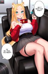 Rule 34 | 1girl, 1other, absurdres, animal ears, aqua eyes, bare shoulders, belt, black nails, black skirt, blonde hair, blue eyes, blush, bow, bow earrings, breasts, camera, candy, cardigan, cat ears, cat tail, cellphone, couch, earrings, english text, food, forehead, gudanco (nyanmeowzer), hair intakes, highres, indoors, jewelry, large breasts, lipstick, lollipop, long hair, looking at another, lying, makeup, miniskirt, on back, open cardigan, open clothes, original, parted bangs, parted lips, phone, pillow, pleated skirt, pov, shirt tucked in, short eyebrows, skirt, sleeveless, sleeveless sweater, sleeveless turtleneck, smartphone, speech bubble, sweater, sweater tucked in, tail, taut sweater, thick eyebrows, thick thighs, thigh strap, thighs, turtleneck, turtleneck sweater, white sweater