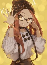Rule 34 | 1girl, brown eyes, brown hair, glasses, hat, kanyoko (yuzukano 17), klasse14, long hair, looking at viewer, original, simple background, smile, solo, suspenders, watch