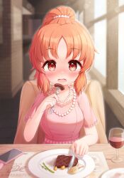 Rule 34 | 1girl, abe nana, alcohol, blush, breasts, commentary request, cup, dated, dress, drinking glass, eating, food, fork, hair tie, highres, holding, holding fork, idolmaster, idolmaster cinderella girls, j2l, jewelry, large breasts, looking at viewer, medium hair, necklace, open mouth, own hands clasped, own hands together, paid reward available, parted bangs, pearl necklace, ponytail, pov across table, purple dress, red eyes, short sleeves, sidelocks, solo, steak, wine, wine glass