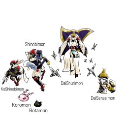 botamon digimon digimon_(creature) evolutionary_line highres koromon looking_at_viewer ninja oridigi original shuriken weapon yin_yang