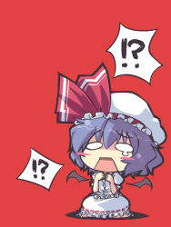 Rule 34 | !?, 1girl, bat wings, blush stickers, chibi, crazy developers, dress, female focus, hat, light purple hair, o o, remilia scarlet, short hair, simple background, solo, tears, touhou, vampire, wings