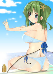 Rule 34 | 1girl, ase (nigesapo), ass, back, bandeau, bare arms, bare legs, bikini, blue bikini, blue eyes, breasts, closed mouth, commentary request, daiyousei, day, fairy wings, flower, from behind, green hair, hair between eyes, hair flower, hair ornament, hands up, long hair, looking down, lotion, lotion bottle, low wings, medium breasts, outdoors, outstretched arm, pool, poolside, shiny skin, side ponytail, sideboob, sitting, skindentation, solo, strapless, strapless bikini, sunscreen, swimsuit, thighs, touhou, water, wings