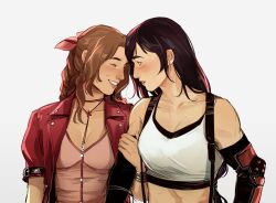 Rule 34 | 2girls, aerith gainsborough, arm hug, black hair, blush, bolo tie, bow, breasts, brown hair, cleavage, crop top, elbow gloves, final fantasy, final fantasy vii, final fantasy vii remake, forehead-to-forehead, gloves, hair bow, heads together, highres, jacket, lesly oh, medium breasts, multiple girls, pink hair, red jacket, single arm guard, smile, tifa lockhart, upper body, yuri
