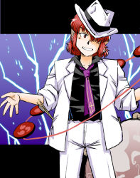 Rule 34 | 1girl, azuki osamitsu, cross, double dealing character, drumsticks, fedora, floral print, formal, grin, hair over one eye, hat, hat over one eye, horikawa raiko, mitsudomoe (shape), necktie, one eye covered, pointy ears, purple necktie, red eyes, red hair, short hair, smile, solo, suit, tomoe (symbol), touhou