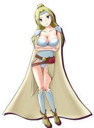 Rule 34 | 1990s (style), 1girl, belt, blonde hair, blue eyes, boots, breast hold, breasts, cameltoe, cape, cleavage, crossed arms, female focus, final fantasy, final fantasy iv, full body, large breasts, legs, long hair, maguro (fufu), ponytail, retro artstyle, rosa farrell, simple background, solo, thighs