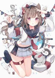 Rule 34 | 1girl, anchor, anchor symbol, animal ear fluff, animal ears, animal print, armband, arms up, beret, black footwear, blue sailor collar, bottle, cat ears, cat girl, cat print, cat tail, commentary, compass, english commentary, hat, heripiro, highres, kneeling, light brown hair, long hair, long sleeves, looking at viewer, midriff, miniskirt, multicolored nails, navel, necktie, nekomimi onnanoko (heripiro), open mouth, original, pink eyes, red armband, red necktie, sailor collar, shell, shirt, simple background, skirt, solo, sparkle, star (symbol), steering wheel, stuffed animal, stuffed penguin, stuffed toy, tail, white background, white hat, white shirt, white skirt