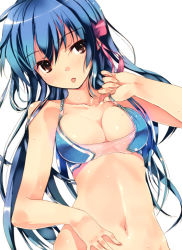 Rule 34 | 1girl, :p, abs, bikini, bikini top only, blue hair, blush, bottomless, breasts, brown eyes, cleavage, hair ribbon, large breasts, long hair, navel, orange eyes, original, refeia, ribbon, simple background, solo, source request, swimsuit, toned, tongue, tongue out, very long hair, wet