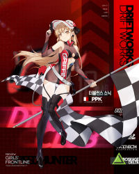 Rule 34 | 1girl, black footwear, black thighhighs, blonde hair, blush, boots, breasts, buckle, center opening, character name, checkered flag, clothes writing, dress, earrings, elbow gloves, fingerless gloves, flag, full body, girls&#039; frontline, gloves, gun, hair between eyes, hair ornament, handgun, hat, highres, holding, holding flag, holding gun, holding weapon, holster, jewelry, light brown hair, long hair, looking at viewer, multiple piercings, official alternate costume, official art, pistol, pocket pistol, ppk (girls&#039; frontline), ppk (mach tempest) (girls&#039; frontline), race queen, see-through, short dress, sidelocks, sleeveless, sleeveless dress, smile, smile (mm-l), snap-fit buckle, solo, thighhighs, trigger discipline, walther, walther ppk, weapon, white hat