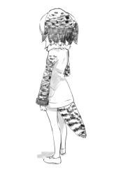 Rule 34 | 10s, 1girl, bird tail, coat, eurasian eagle owl (kemono friends), facing away, from behind, full body, fur collar, greyscale, ica, kemono friends, long sleeves, monochrome, shoes, short hair, simple background, solo, standing, tail, white background