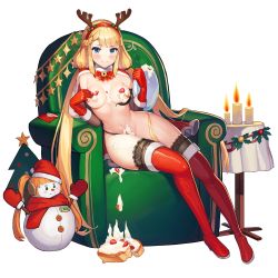 Rule 34 | 1girl, :&gt;, antlers, areola slip, blonde hair, blue eyes, blush, boots, bra, breasts, cake, candle, cape, chair, christmas, elbow gloves, food, food on body, food on breasts, fruit, full body, game cg, gloves, highres, horns, last origin, long hair, looking at viewer, medium breasts, navel, official art, paintale, panties, red gloves, red thighhighs, reindeer antlers, sitting, smile, solo, strawberry, tachi-e, thigh boots, thighhighs, topless, transparent background, tray, twintails, underwear, undine (last origin), unworn bra, very long hair