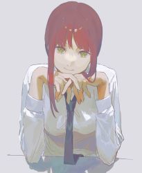 Rule 34 | 1girl, black necktie, breasts, business suit, chainsaw man, collared shirt, eyebrows, formal, grey background, highres, long sleeves, looking at viewer, makima (chainsaw man), medium breasts, medium hair, necktie, neckwear request, own hands together, red hair, ringed eyes, shirt, simple background, smile, solo, suemare1, suit, upper body, white shirt, yellow eyes