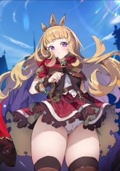 Rule 34 | 1girl, bangle, black thighhighs, blonde hair, blue sky, blunt bangs, bracelet, brooch, cagliostro (granblue fantasy), cape, capelet, clothes lift, cloud, cloudy sky, cowboy shot, crotch seam, day, dress, dress lift, granblue fantasy, hairband, hood, hood down, hooded capelet, jewelry, long hair, looking at viewer, outdoors, panties, pantyshot, parted lips, purple eyes, red cape, red dress, seinen, short dress, short hair, short sleeves, skindentation, sky, solo, spiked hairband, spikes, standing, thighhighs, underwear, very short hair, white panties, wind, wind lift