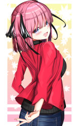 Rule 34 | 1girl, :d, absurdres, black ribbon, black sweater, from behind, go-toubun no hanayome, grey eyes, hair between eyes, hair ribbon, head tilt, highres, jacket, long sleeves, looking at viewer, looking back, medium hair, nail polish, nakano nino, open clothes, open jacket, open mouth, pink hair, pink nails, rakuna gaku, red jacket, ribbed sweater, ribbon, smile, solo, standing, sweater, twintails