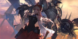 Rule 34 | 1girl, armor, armored dress, artist name, black eyes, blue ribbon, copyright name, dutch angle, floating hair, hat, highres, long hair, looking at viewer, neck ribbon, pixiv fantasia, pixiv fantasia revenge of the darkness, red hat, ribbon, silver hair, swd3e2, very long hair