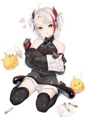 Rule 34 | 1girl, :p, absurdres, azur lane, bird, black thighhighs, brown eyes, chick, child&#039;s drawing, commentary request, crayon, cross, detached sleeves, drawing (object), dual wielding, full body, grey hair, hair between eyes, hair ornament, heart, highres, holding, holding crayon, holding paper, iron cross, little prinz eugen (azur lane), long hair, long sleeves, looking at viewer, manjuu (azur lane), multicolored hair, oxygen mask (oxygenmask233), paper, pleated skirt, sidelocks, simple background, sitting, skirt, smile, surprised, thighhighs, tongue, tongue out, two-tone hair, two side up, v-shaped eyebrows, wariza, white background, zettai ryouiki
