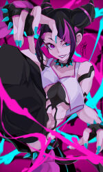 Rule 34 | 1girl, absurdres, black hair, bracelet, breasts, collar, drill hair, fingerless gloves, gloves, goma irasuto, hair horns, han juri, highres, jewelry, large breasts, looking at viewer, multicolored eyes, multicolored hair, nail polish, navel, pink background, purple eyes, short hair, smile, solo, spiked anklet, spiked bracelet, spiked collar, spikes, street fighter, street fighter 6, twin drills