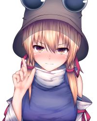 Rule 34 | 1girl, bad id, bad pixiv id, blonde hair, blush, brown hat, closed mouth, commentary request, darumoon, hair between eyes, hat, highres, index finger raised, looking at viewer, medium hair, moriya suwako, simple background, solo, tears, touhou, turtleneck, upper body, wavy mouth, white background, yellow eyes