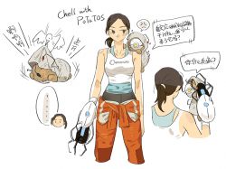 Rule 34 | 1girl, anger vein, aperture science handheld portal device, bird, chell, chinese text, comic, english text, female focus, glados, jumpsuit, jumpsuit around waist, ponytail, portal, portal (series), portal 1, portal 2, potato, robot, saiko67, simple background, standing, translation request, white background