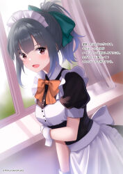 Rule 34 | 1girl, absurdres, alternate costume, apron, black dress, blush, bow, bowtie, brown eyes, buttons, curtains, dress, enmaided, green bow, grey hair, hair bow, highres, himura moritaka, indoors, kantai collection, maid, maid apron, maid headdress, open mouth, orange bow, orange bowtie, ponytail, puffy short sleeves, puffy sleeves, short hair, short sleeves, smile, solo, translation request, white apron, window, wrist cuffs, yuubari (kancolle)