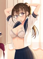 Rule 34 | 1girl, adjusting hair, arms up, artist name, backlighting, black-framed eyewear, blouse, blue eyes, blue sailor collar, blue skirt, blush, bow, bow bra, bra, breasts, brown hair, closed mouth, commentary, curtains, glasses, hair tie, hair tie in mouth, hands in hair, highres, indoors, lace, lace-trimmed bra, lace trim, locker, locker room, long hair, looking at viewer, medium breasts, mouth hold, navel, open clothes, open shirt, original, osumi izumi, pleated skirt, ponytail, sailor collar, school uniform, serafuku, shirt, short sleeves, signature, skirt, solo, standing, underwear, undressing, white bra, white shirt