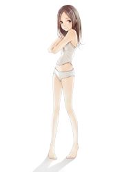 Rule 34 | 1girl, bad id, bad pixiv id, barefoot, blue eyes, brown hair, camisole, covering privates, covering chest, female focus, full body, grey eyes, highres, legs, long hair, looking at viewer, navel, original, panties, parted bangs, shadow, simple background, smile, solo, stomach, tokumaru, underwear, underwear only, white background, white panties