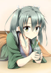 Rule 34 | 10s, 1girl, breasts, cleavage, cup, green eyes, grey hair, hair ribbon, hanten (clothes), hino (2nd life), japanese clothes, kantai collection, kotatsu, looking at viewer, lying, on stomach, ribbon, solo, steam, table, teacup, twintails, under kotatsu, under table, yunomi, zuikaku (kancolle)