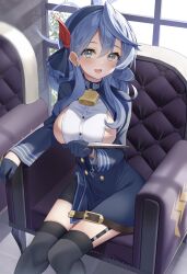 Rule 34 | 1girl, absurdres, ako (blue archive), armchair, bell, black gloves, blue archive, blue eyes, blue hair, blurry, breasts, chair, clipboard, commentary request, depth of field, gloves, hair between eyes, hairband, half gloves, halo, highres, holding, holding clipboard, indoors, large breasts, long hair, long sleeves, looking at viewer, neck bell, sideboob, sidelocks, sitting, solo, sunlight, window, yoshidadon