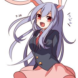 Rule 34 | 1girl, animal ears, bad id, bad pixiv id, blazer, dated, jacket, kozakura (dictionary), long hair, necktie, open mouth, purple hair, rabbit ears, red eyes, red necktie, reisen udongein inaba, simple background, skirt, smile, solo, touhou, white background