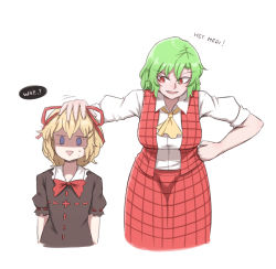 Rule 34 | ascot, blonde hair, blue eyes, breasts, brown shirt, collared shirt, commentary, cropped torso, empty eyes, english commentary, english text, green hair, hair between eyes, hair ribbon, hand on another&#039;s head, hanging breasts, height difference, highres, kazami yuuka, large breasts, leaning forward, mata (matasoup), medicine melancholy, open mouth, plaid, plaid vest, red eyes, red ribbon, red vest, ribbon, role reversal, shaded face, shirt, short hair, simple background, smile, sweatdrop, touhou, triangle mouth, vest, white background, white shirt, yellow ascot
