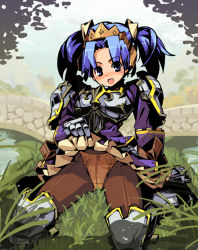 Rule 34 | 1girl, armor, blue eyes, blue hair, clothes lift, fantasy earth zero, matching hair/eyes, panties, panties under pantyhose, pantyhose, sitting, skirt, skirt lift, solo, super zombie, suupaa zonbi, twintails, underwear