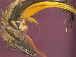 Rule 34 | 1990s (style), 1girl, ass, blonde hair, breasts, censored, claws, convenient censoring, deedlit, dragon, eastern dragon, elf, floating hair, from side, half-closed eyes, highres, light smile, long hair, long pointy ears, looking at viewer, lying, mycen, nude, official art, on stomach, parted lips, pointy ears, purple background, record of lodoss war, retro artstyle, scan, sharp teeth, simple background, smile, teeth, very long hair, yellow eyes, yuuki nobuteru