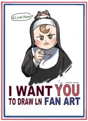 Rule 34 | 1girl, :p, brown eyes, brown hair, child, commentary, diva (hyxpk), english text, frog, frog on head, froggy nun (diva), habit, hashtag, highres, i want you, little nuns (diva), looking at viewer, nun, pointing, pointing at viewer, poster (medium), propaganda, simple background, solo, symbol-only commentary, tongue, tongue out, traditional nun, upper body, veil, white background