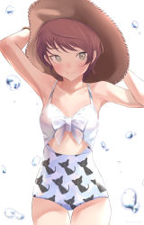 1girl, absurdres, animal print, arms up, bangs, blush, brown hair, brown headwear, cat print, closed mouth, commentary request, cowboy shot, droplet, hands on headwear, hat, highres, light brown hair, looking at viewer, medium hair, original, oze (xyz go go11), partial commentary, print swimsuit, short hair, smile, solo, standing, straw hat, sun hat, sweater, swept bangs, swimsuit, thigh gap, twitter username, white background, white sweater