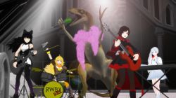 Rule 34 | 3d, 4girls, ahoge, arm up, black bow, black dress, black gloves, black hair, black ribbon, black skirt, blake belladonna, blonde hair, blue eyes, boots, bow, bracelet, breasts, carrying, cloak, closed mouth, crescent rose, dinosaur, dress, drum, drumsticks, electric guitar, ember celica (rwby), facing to the side, facing viewer, fingerless gloves, floating hair, full body, gloves, gradient hair, grey eyes, guitar, hair bow, hair ornament, hand up, hands up, happy, holding, holding instrument, holding microphone, instrument, jacket, jewelry, keyboard, keyboard (instrument), large breasts, leggings, long hair, long sleeves, looking at viewer, looking to the side, medium breasts, microphone, monty oum, multicolored clothes, multicolored dress, multicolored hair, multicolored skirt, multiple girls, music, myrtenaster, official art, orange scarf, ponytail, purple eyes, rapier, raptor, red cloak, red dress, red hair, red skirt, ribbon, ruby rose, rwby, rwbysaurus, scarf, short hair, short sleeves, side ponytail, singing, sitting, skirt, smile, standing, sword, thighhighs, tongue, two-tone hair, weapon, weiss schnee, white dress, white hair, white jacket, white skirt, yang xiao long, yellow eyes