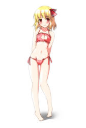Rule 34 | 1girl, arms behind back, bad anatomy, bad feet, barefoot, blonde hair, blush, breasts, cat lingerie, full body, hair ribbon, hip focus, legs, lovestruck, meme attire, navel, petite, poorly drawn, red eyes, ribbon, rumia, small breasts, smile, solo, stomach, team shanghai alice, touhou, white background, yumi (careca398)