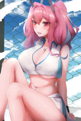 Rule 34 | 1girl, :d, arm support, azur lane, bare legs, bare shoulders, black bra, blue sky, blush, bra, bra visible through clothes, breasts, bremerton (azur lane), bremerton (scorching-hot training) (azur lane), chain-link fence, cleavage, cloud, collarbone, collared shirt, commentary request, cowboy shot, crop top, crop top overhang, day, ear piercing, fence, grey hair, hair between eyes, hair intakes, hair ornament, hand on own knee, heart, heart necklace, hirokichi shouji, jewelry, large breasts, long hair, looking at viewer, midriff, mole, mole on breast, mole under eye, multicolored hair, navel, navel piercing, necklace, open mouth, piercing, pink eyes, pink hair, see-through, shirt, sidelocks, sitting, skirt, sky, sleeveless, sleeveless shirt, smile, solo, sportswear, streaked hair, sweat, tennis uniform, twintails, two-tone hair, two-tone shirt, two-tone skirt, underboob, underwear, white shirt, white skirt, wristband