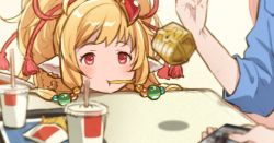 Rule 34 | animal ears, blonde hair, blush, cellphone, clenched hand, drink, eating, food, food in mouth, french fries, granblue fantasy, hair ornament, hanosuke, harvin, mahira (granblue fantasy), pectorals, peeking, phone, pointy ears, red eyes, simple background, solo focus, white background