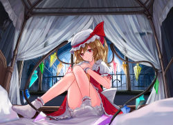 Rule 34 | 1girl, :|, arch, ascot, bare legs, bed, bed sheet, blanket, blonde hair, bloomers, blush, canopy bed, closed mouth, collar, convenient censoring, crystal, curtains, demon wings, dress, fence, flandre scarlet, frilled collar, frilled shirt collar, frills, full body, hands on own chest, hat, hat ribbon, head tilt, indoors, knees together feet apart, knees up, light rays, looking at viewer, mansion, md5 mismatch, mob cap, muireko, no shoes, on bed, pillow, puffy short sleeves, puffy sleeves, red dress, red eyes, red ribbon, ribbon, scarlet devil mansion, see-through, short sleeves, socks, solo, thighs, touhou, underwear, white hat, white socks, window, wings, wrist cuffs