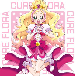 Rule 34 | 1girl, :d, blonde hair, blue eyes, blush, boo (takagi), bow, brooch, cure flora, earrings, eyebrows, flower earrings, full body, gloves, go! princess precure, happy, haruno haruka, heart, heart hands, highres, jewelry, long hair, magical girl, multicolored hair, open mouth, pink bow, pink hair, pink skirt, precure, shoes, skirt, smile, solo, streaked hair, thick eyebrows, two-tone hair, waist bow, white footwear, white gloves